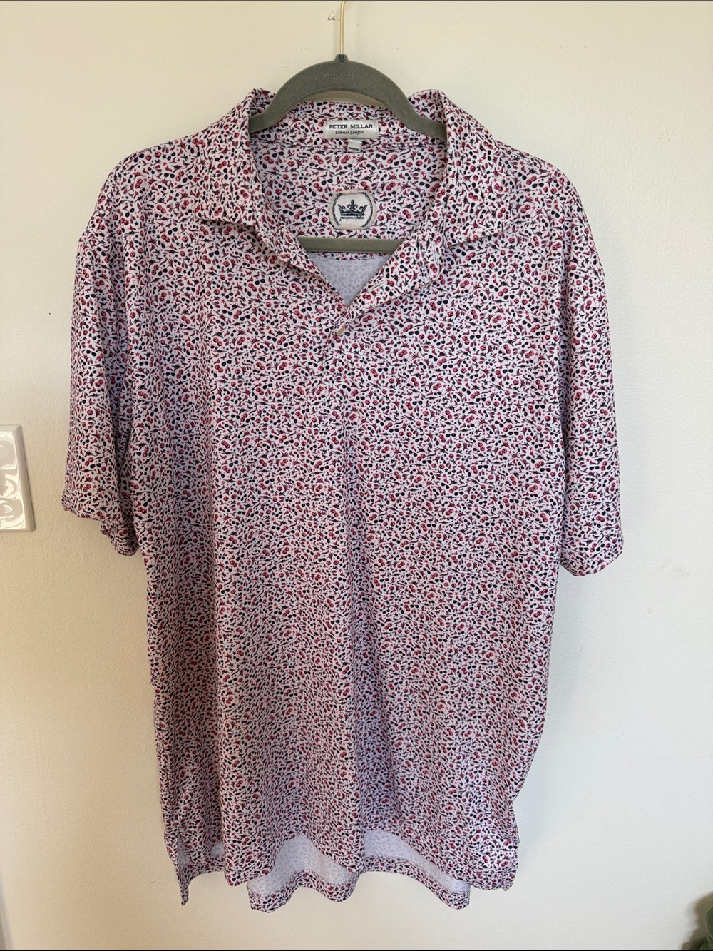 Peter Millar Men's Pink and Navy Patterned Polo